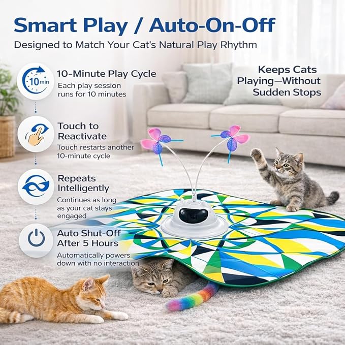Interactive Cat Toy for Indoor Cats, Rechargeable 3-in-1 Hide and Seek Cat Toy with Spinning Butterfly & Plush Tail, Ultra-Quiet Touch Activated Self Play Cat Exercise Toy for Adult Cats & Kittens
