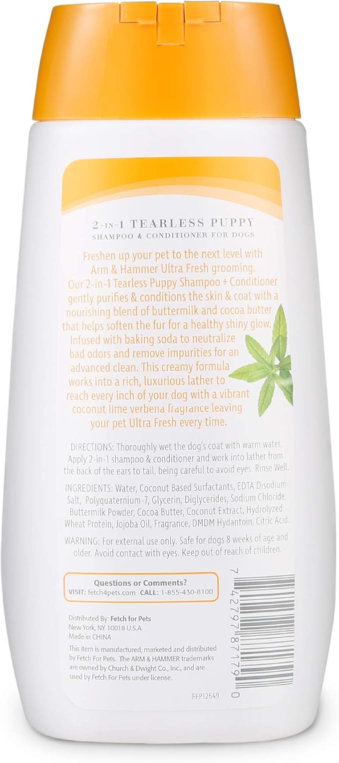 Arm & Hammer Ultra Fresh Tearless Puppy Shampoo and Conditioner 2 in 1 Baking Soda Deodorizer Gentle Pet Wash Odor Control Coconut and Lime Verbena Scent 16 FL OZ Puppies Eight Weeks and Older