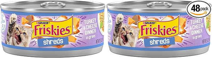 Friskies Purina Shreds Turkey and Cheese Dinner in Gravy High Protein Wet Cat Food - 5.5 oz. Cans,(Pack of 48)