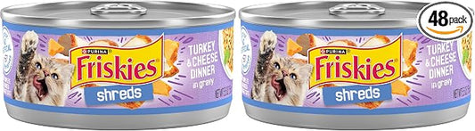 Friskies Purina Shreds Turkey and Cheese Dinner in Gravy High Protein Wet Cat Food - 5.5 oz. Cans,(Pack of 48)