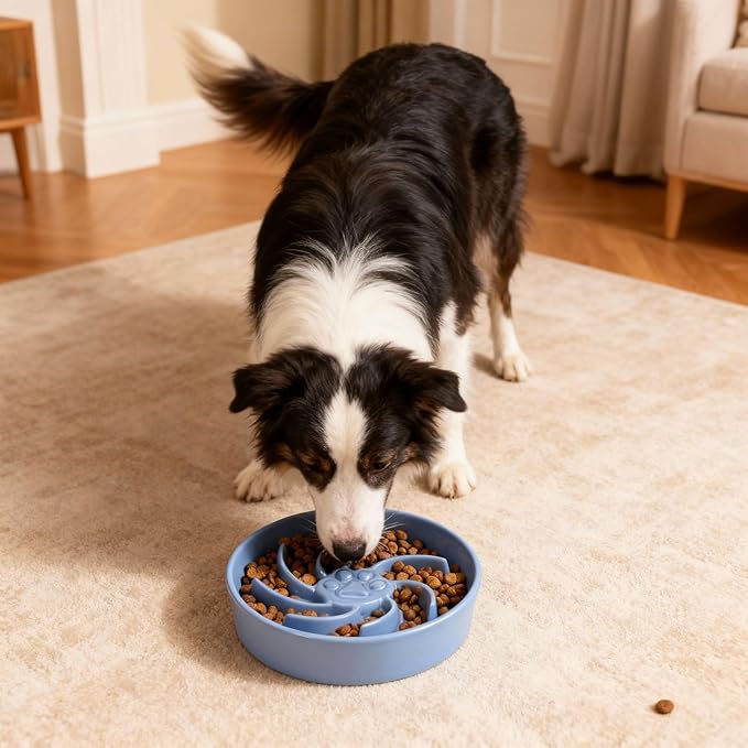 Ceramic Slow Feeder Dog Bowl, 3 Cup Dog Food or 25oz Water, Slow Eating Bowl for Middle Breed, Maze Puzzle Feeder for Fast Eaters, Anti-Choking Stop Bloat, Non-Slip BPA Free (Blue)
