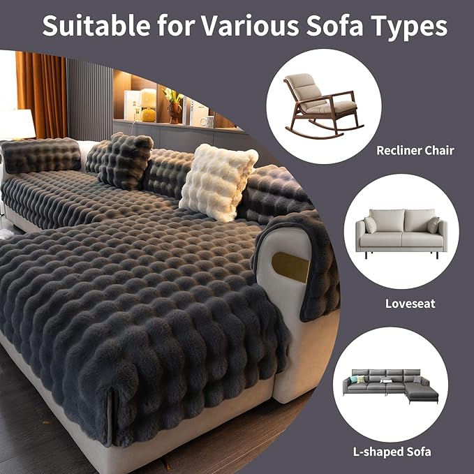Faux Fur Couch Cover, Soft Warm Plush Sofa Couch Cover, Non Slip Sectional Sofa Slipcovers, Washable Furniture Protector for Kids, Dogs, L Shaped Armrest Backrest Cover(Dark Grey, 28"x 28")