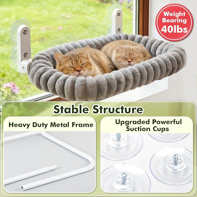 Zoratoo 2PC Cat Window Perch with Bolster Foldable Cat Hammock Cushion Bed for Window with Metal Frame, Cloud-Cuddle Cordless Window Resting Seat for Indoor Cats (Cushion Bed, Gray-L)