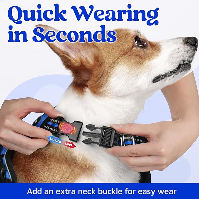 rabbitgoo Dog Harness Medium Sized, 3 Buckles Easy On & Off No Pull Pet Vest, Soft Padded Walking Pet Harness with Control Handle, Adjustable and Reflective, Royal Blue, M