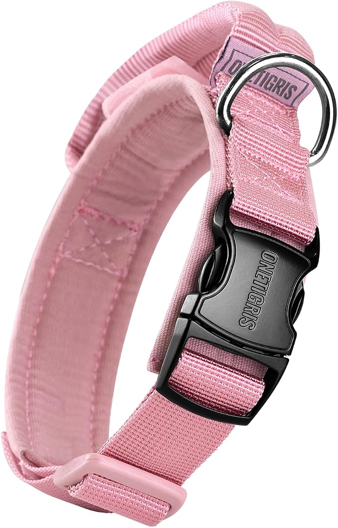 OneTigris Tough Dog Collars, Tactical Dog Collar with Handle, Milltary Adjustable Dog Collar with Heavy Duty Metal Buckle for Training (Pink, S)