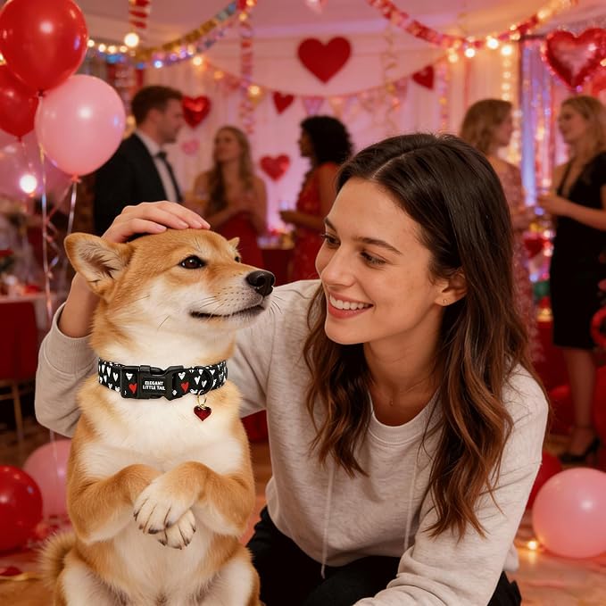 Elegant little tail Valentine's Dog Collar - Black Heart Dog Collars Cotton Soft Puppy Adjustable Pet Collars with Sturdy Quick Release Buckle for X-Small Dogs