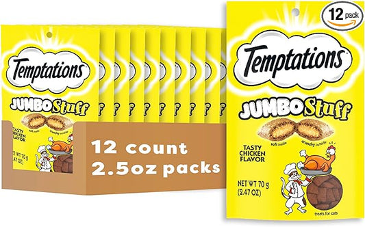 Temptations Jumbo Stuffed Cat Treats, Crunchy and Soft Cat Treats, Tasty Chicken Flavor, 2.5 oz. Pouch (Pack of 12)