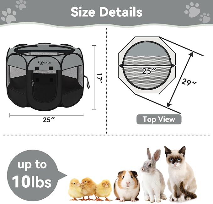 Siedihit Dark Grey Dog Cat Playpen, Puppy Pet Playpen, Small Dogs Tent Crates Cage Indoor/Outdoor, Portable Pop Up Dog Kennel Playpen with Carrying Case for Dogs/Cats/Rabbits