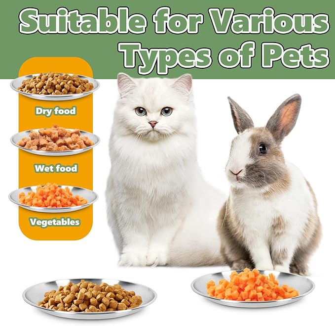 6-Pack Stainless Steel Cat Food Bowls, Shallow Whisker-Friendly Non-Slip Silicone Base Metal Dishes, Easy to Clean Indoor Feeding Flat Plates for Cat, Kitten, Small Dog (6.7")