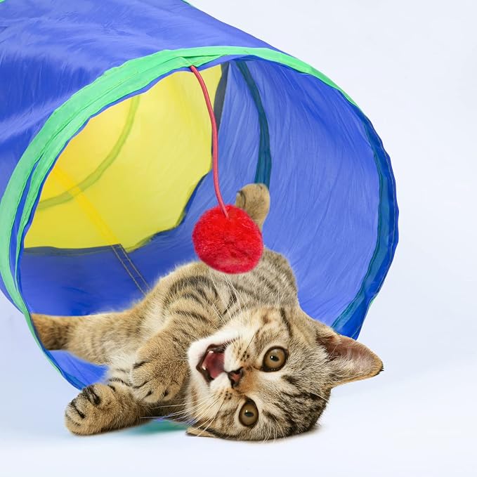 Sheldamy Cat Tunnel, 2-Way Cat Tunnels for Indoor Cats, Collapsible Cat Play Tunnel, Interactive Toy Maze Cat House with 1 Play Ball for Cats, Puppy, Kitty, Kitten, Rabbit (Rainbow)…