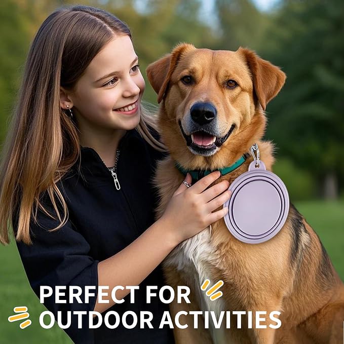 Collapsible Dog Bowls 2-Pack, Portable Travel Dog Bowl with Carabiner, Food-Grade Silicone Pet Bowl for Hiking, Walking (Macaron Yellow and Violet)