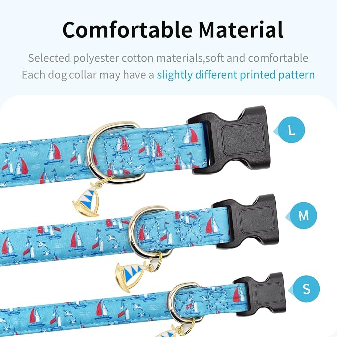 Personalized Dog Collars,Adjustable Puppy Collars with Safety Buckle for Small Medium Large Dogs,Cute and Unique Pink Cherry Pattern Pet Collar for Boy Girl Dogs. (Blue Sailboat, S)