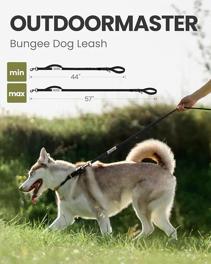 OutdoorMaster Bungee Dog Leash, Heavy Duty Dog Leash with Shock Absorption, 2 Padded Handles Training Leash, Improved Dog Safety and Comfort (Black, 4 FT)