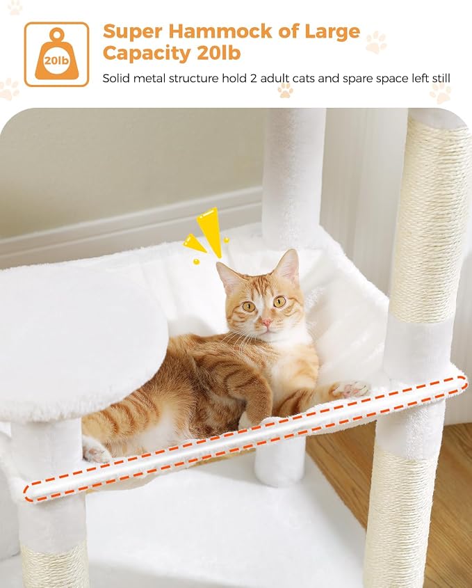 MUTTROS Cat Tree for Large Cats with Metal Plush Big Hammock, 56.3" Cat Tower for Indoor Cats with 2 Door Condo House, 6-Tier Cat Shelves with Scratching Posts and Large Top Perch, Cream White