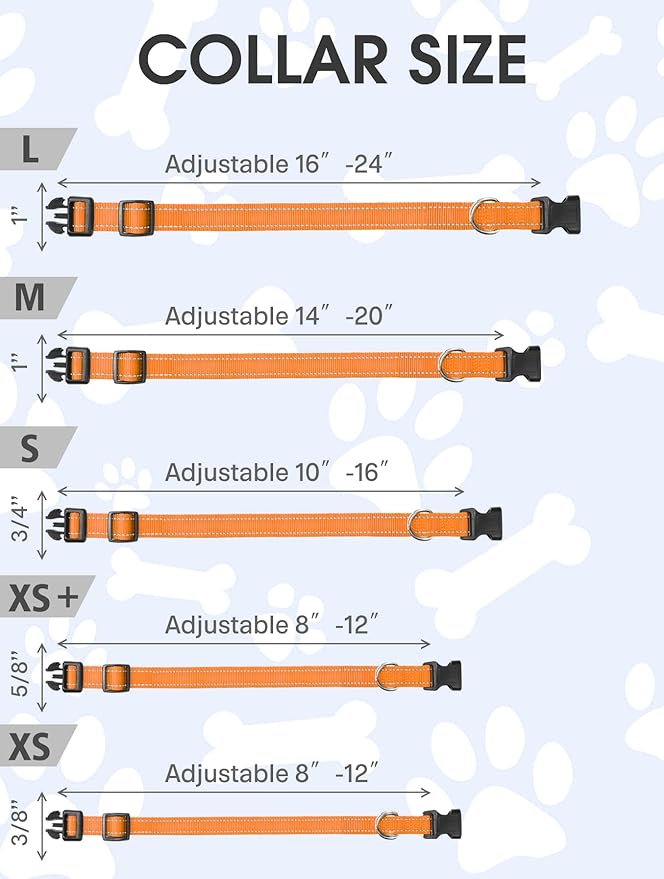 FunTags Length 8" - 12" Reflective Orange Dog Collar for Extra Small Dogs – Night Walking & Training Safety, Durable Quick Release Buckle, Nylon, Comfortable Adjustable, Width 5/8"