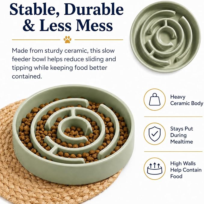 Ceramic Slow Feeder Dog Bowls with Anti-Slip, Slow Feeder & Non-Slip Design, Boredom and Anxiety Reducer, Suitable for All Breed Dogs and Cat (Ceramic-Green)