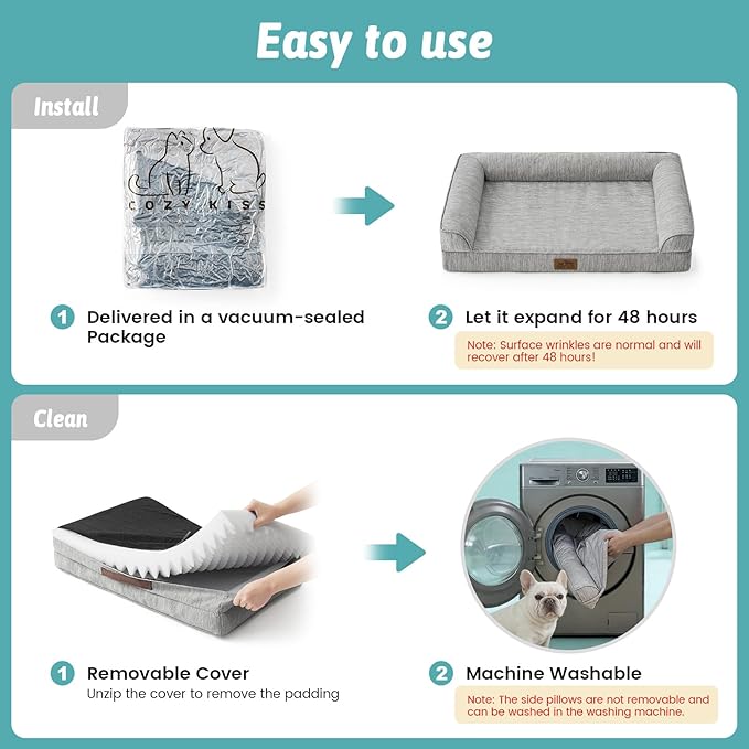 COZY KISS Cooling Dog Bed for Extra Large Dogs, 48"x32" Orthopedic Foam Sofa with Bolster Sides, Q-Max >0.4 Cooling Technology, Cool Pet Bed with Removable Washable Cover, Grey