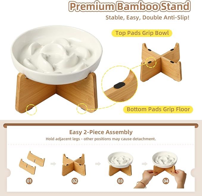 Elevated Slow Feeder Cat Bowl - Ceramic Cat Food Dish with Anti-Slip Bamboo Stand - Whisker Friendly Feeding Bowl - Raised Maze Plate for Slow Down Eating - Light Pink