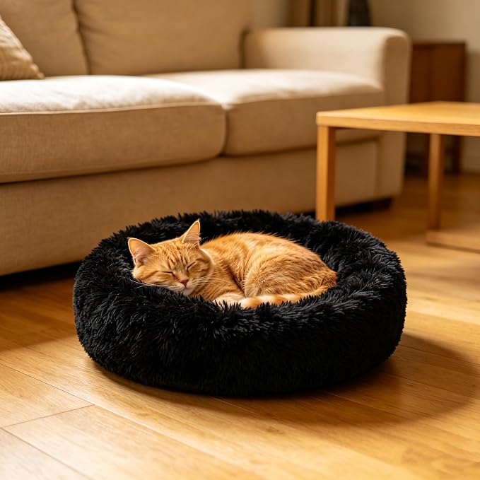 Cat Beds for Indoor Cats - Cat Bed Washable 20/24 inches, Dog Beds for Small Medium Dogs, Anti Anxiety Round Fluffy Plush Faux Fur Cat Bed, Thick Bottom (Dark, Medium)