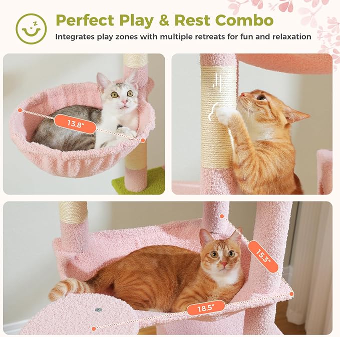 69” Tall Cat Tree for Indoor Cats Large Adult, Multi-Level Cat Tower with Scratching Post, Dual Top Perches, Big Hammock & 2 Spacious Condos, Cat Furniture for Multi-Cat Households, Pink/Green