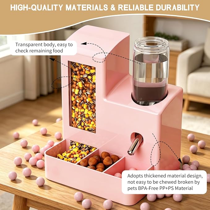 Hamster Water Bottle and Feeder, No Drip 2-in-1 Automatic Waterer and Food Dispenser, Gravity Feeding Hamster Cage Accessories for Small Pets 5.51 x 4.33 x 6.49 Inch