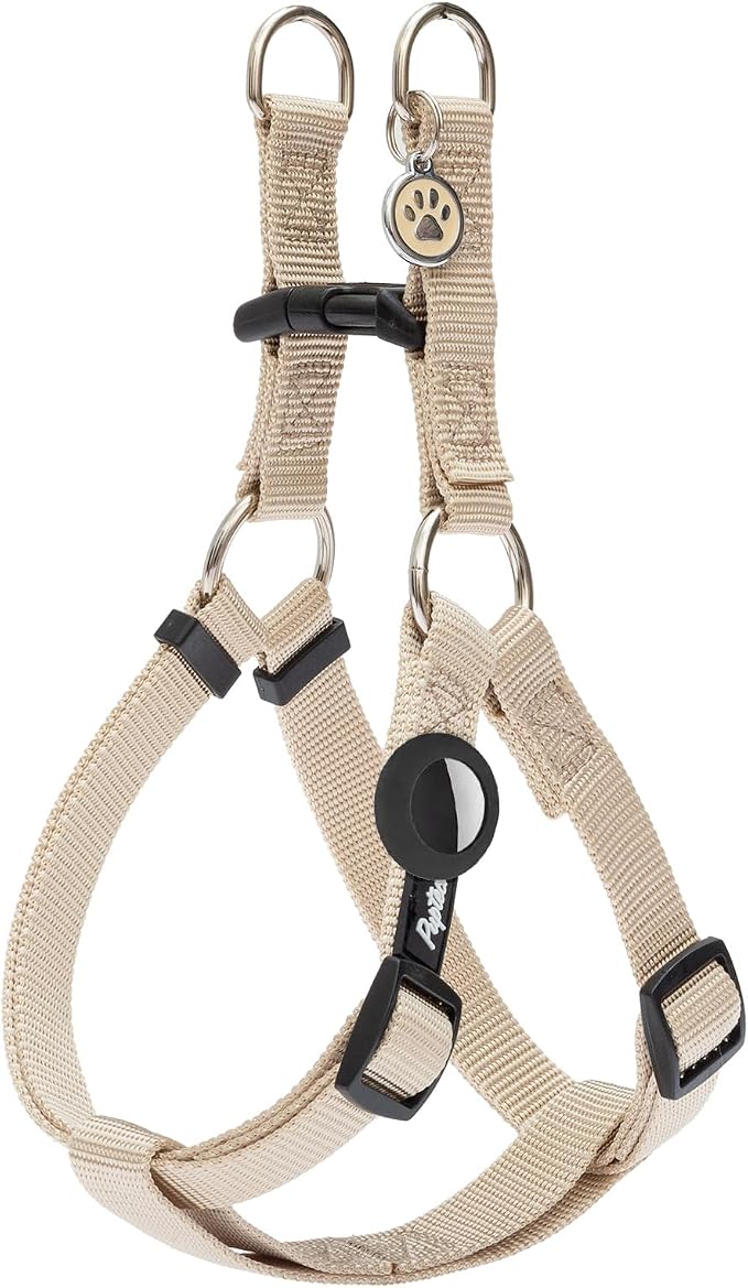 PUPTECK No Pull Dog Harness Soft Adjustable Basic Nylon Step in Puppy Vest Outdoor Walking with ID Tag and A-ir Tag Case, Cream, M