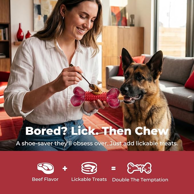 3-Pack Tough Dog Toys for Aggressive Chewers: Beef Flavored Long Lasting Dog Bones for Large Dogs, Heavy Duty Nylon & Rubber Dog Chew Toys to Keep Them Busy, Medium & Large Breed, Red