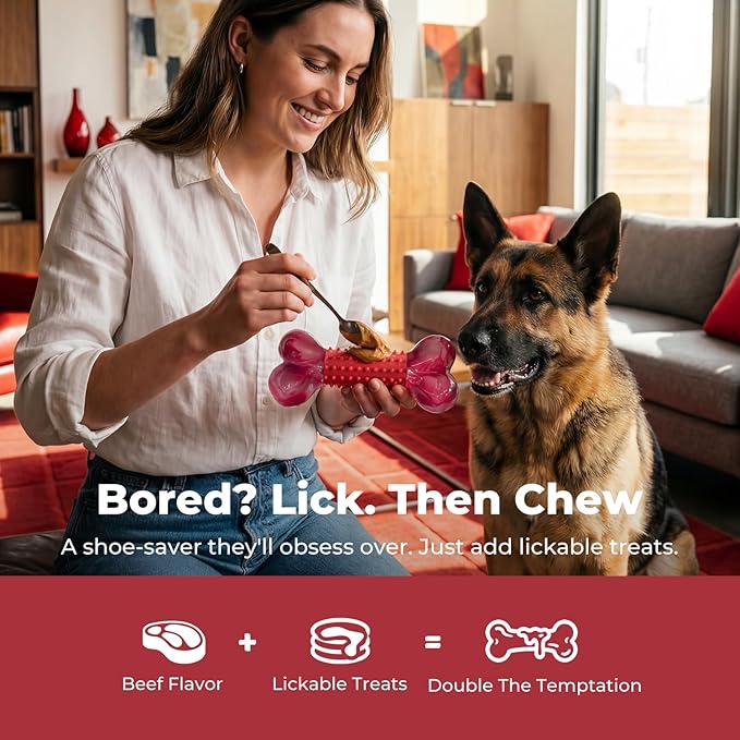 2-Pack Tough Dog Toys for Aggressive Chewers: Beef Flavored Long Lasting Dog Bones for Large Dogs, Heavy Duty Nylon & Rubber Dog Chew Toys to Keep Them Busy, Medium & Large Breed, Red