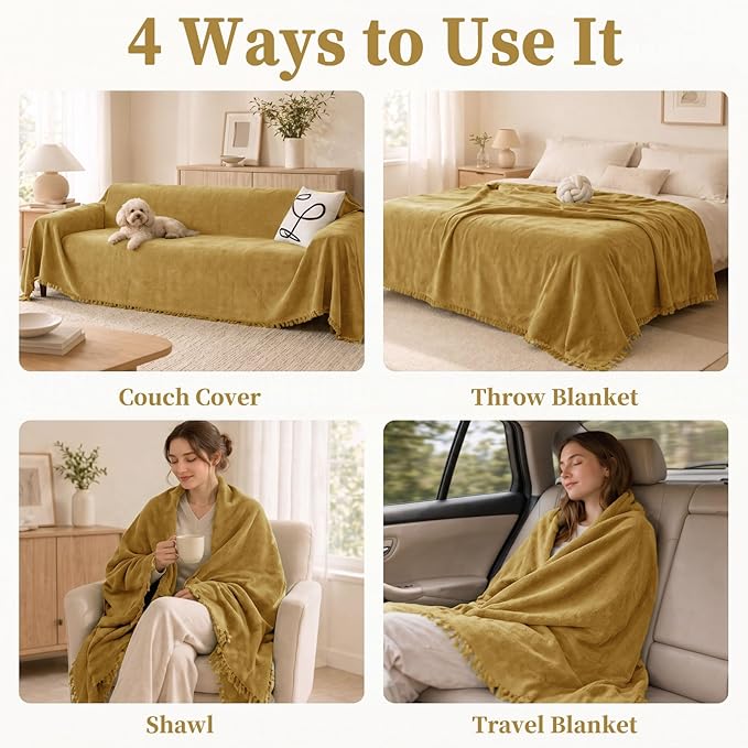 hyha Couch Cover for Dogs, Boho Sofa Covers for 3 Cushion Couch Washable, Chenille Sofa Slipcover for Pets, Soft Loveseat Sectional Couch Throw Blankets with Tassels (Yellow, 71x91 Inch)