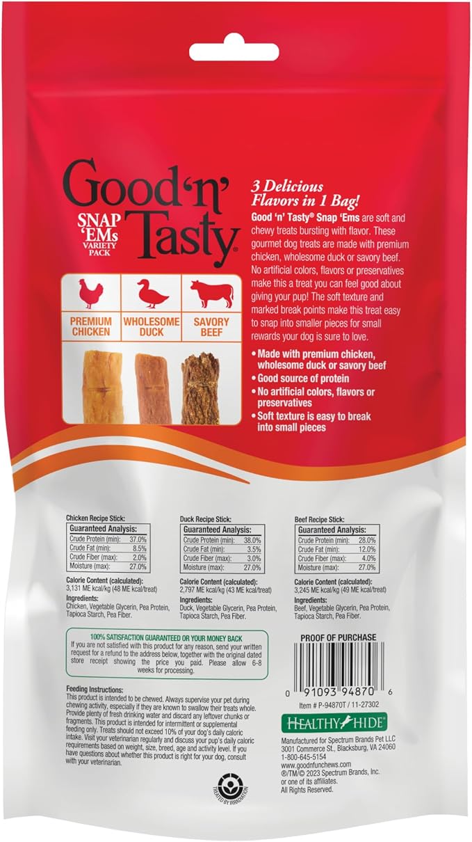 Good ‘n’ Tasty Triple Flavor Snap ‘EMS Gourmet Treats Variety Pack for All Dogs, 15 Count, Reward or Training Treat Made with Real Chicken, Duck and Beef