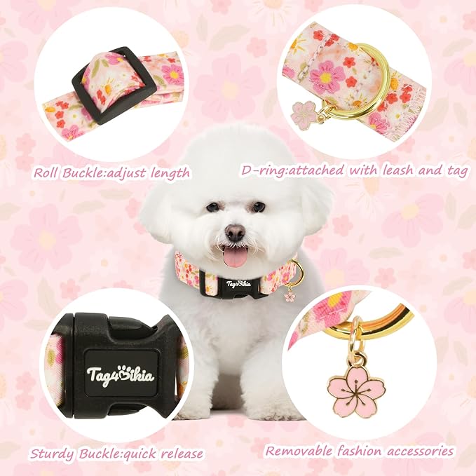 Dog Collar with Cherry Blossom Patterns, Spring Summer Collection Pink Dog Collar with Exquisite Pendant, Durable Adjustable Collars for Gifts & Daily Use-S
