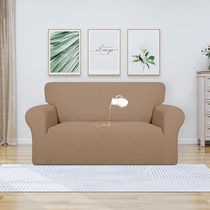 PureFit 100% Dual Waterproof Couch Cover Slipcovers for Couches and Sofas - Stretch Non Slip Fleece Sofa Covers Washable, Leakproof Furniture Protector for Kids, Pets, Dog (Loveseat, Camel)