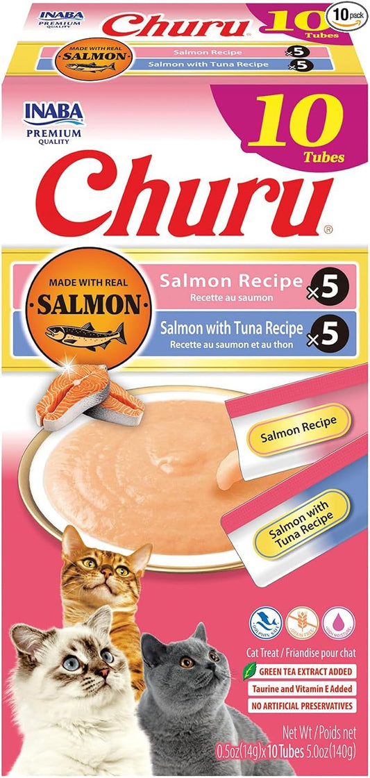 INABA Salmon Churu Cat Treats, Lickable, Squeezable Creamy Purée Cat Treat with Green Tea Extract & Taurine, 0.5 Ounces Each Tube, 10 Tubes, Salmon & Tuna Variety
