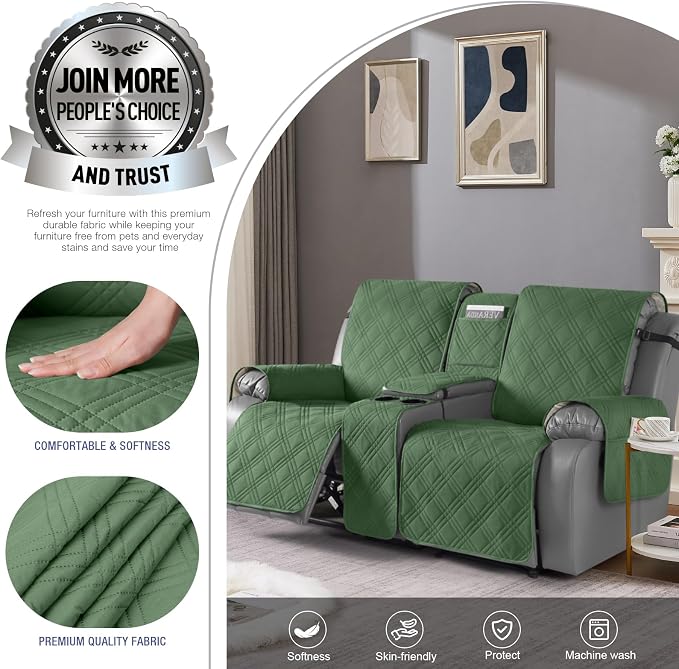TAOCOCO Loveseat Recliner Cover with Center Console, 100% Waterproof Pet Cover for Dual Recliner with Straps Design, Split Reclining Loveseat Covers Furniture Pet&Kids Protector (2 Seater, Vine Green)
