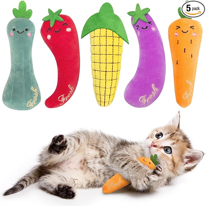 ETEKYER Catnip Cat Toys, 5 Pack, Plush Catnip Toys for Indoor Cats Kitten, Interactive Cat Nip Kitty Kicker Chew Safe Teeth Cleaning Toys, Fun Carrot Vegetable Shape