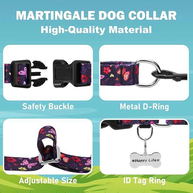 Martingale Collar with Buckle Purple Nylon Adjustable Cute Girl Female Dog Collars (Butterfly Floral, Medium)