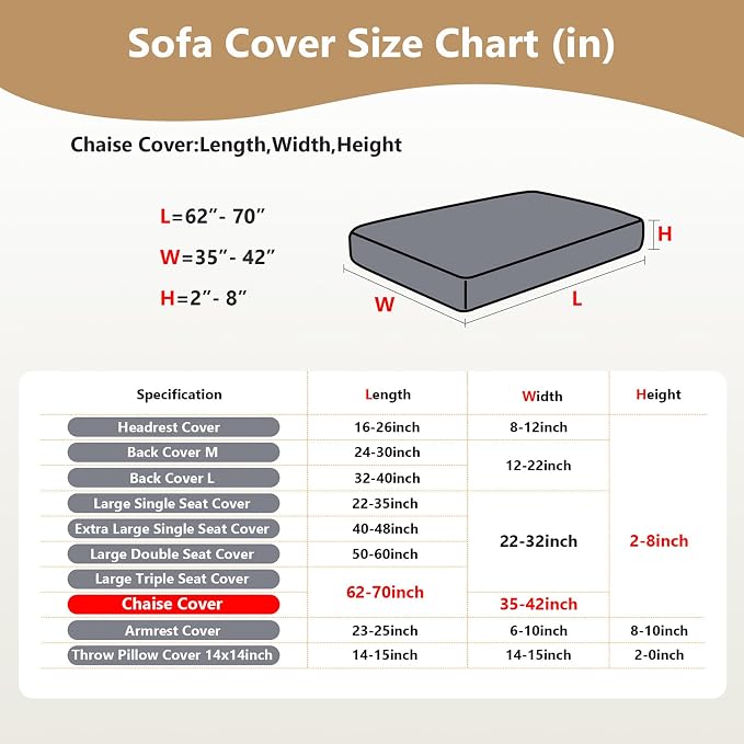 Yoovat Couch Cushion Covers for Sofa Couch Covers Wear-Resistant Universal Sofa Cover Washable Stretch for Sectional Slipcovers (Texture-Brown,Chaise Cover)