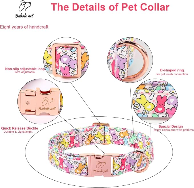 Easter Dog Collar, Colorful Bunny Easter Collars for Medium Dogs, Cute Spring Boy Girl Dog Collars, Adjustable Heavy Duty Holiday Pet Collar with Metal Buckle M