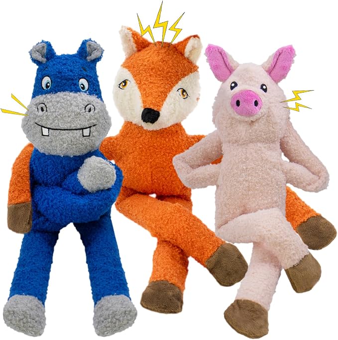 3 Pack No Stuffing Crinkle Squeaky Plush Dog Toy | Interactive, Not for Aggressive Chewers, suit for small medium large breed tug game Orange Fox Pink Pig Blue Hippo