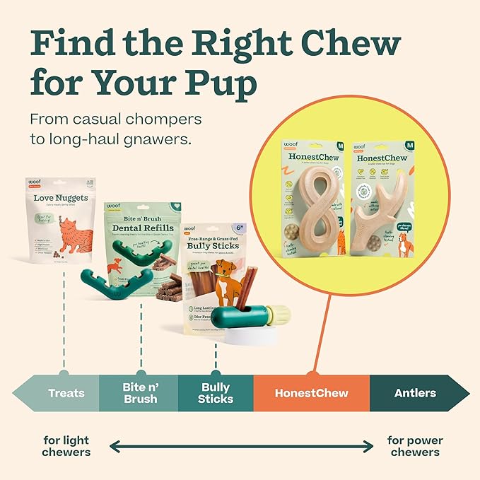 WOOF HonestChew Dog Toy Duo - Durable Dog Chews - Made with Plant-Based Ingredients - Splinter-Resistant - Safer Than Dog Bones - with HonestChew Antler and Infinity - Gift for Dogs - Large