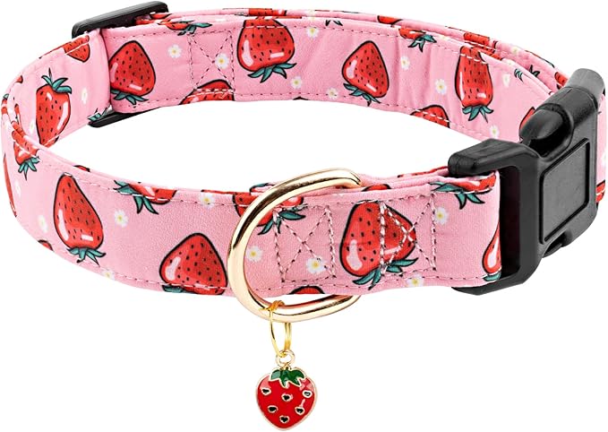 Faygarsle Pink Strawberry Pattern Cotton Dog Collar for Small, Medium, Large Boys Girls Dogs XS
