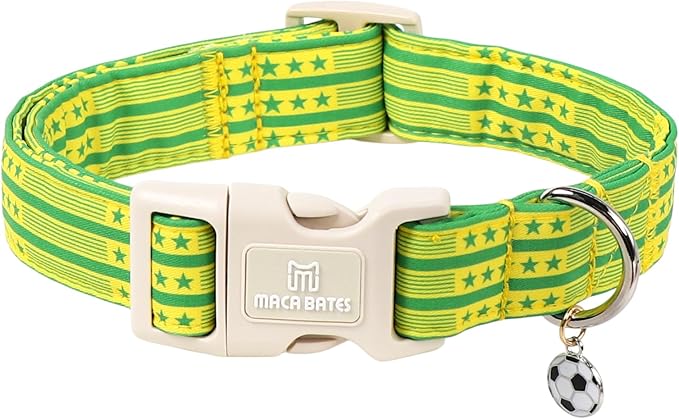 World Cup Brazil Dog Collar with Soccer Pendant, 5-Star Champion Pattern for Medium Girl Boy Dogs, Brazil Jersey Style, Adjustable Soft Durable Collar Gift for Male Female Puppy