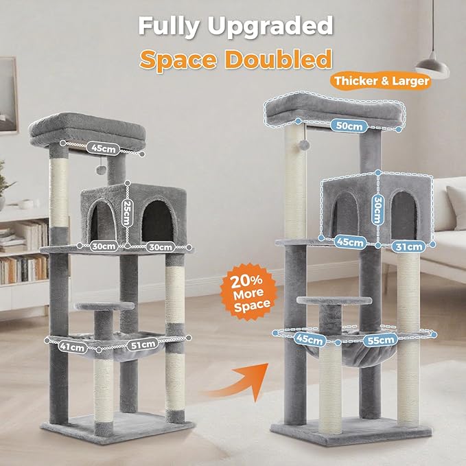 MUTTROS Large Cat Tree with Reinforced Scratching Posts (φ3.7in) for Big Adult Cats 30 lbs, 57.8" Heavy Duty Cat Tower with Larger Hammock and Condo, Cat Furniture for Maine Coon, Plush,Grey