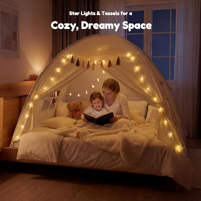 Gorich Twin Bed Tent for Kids, Indoor Privacy Toddler Sleeping Canopy with Mesh Window, Fits Bunk or Floor Bed, Include Star Lights & Tassels, Cozy Playhouse for Boys Girls Birthday