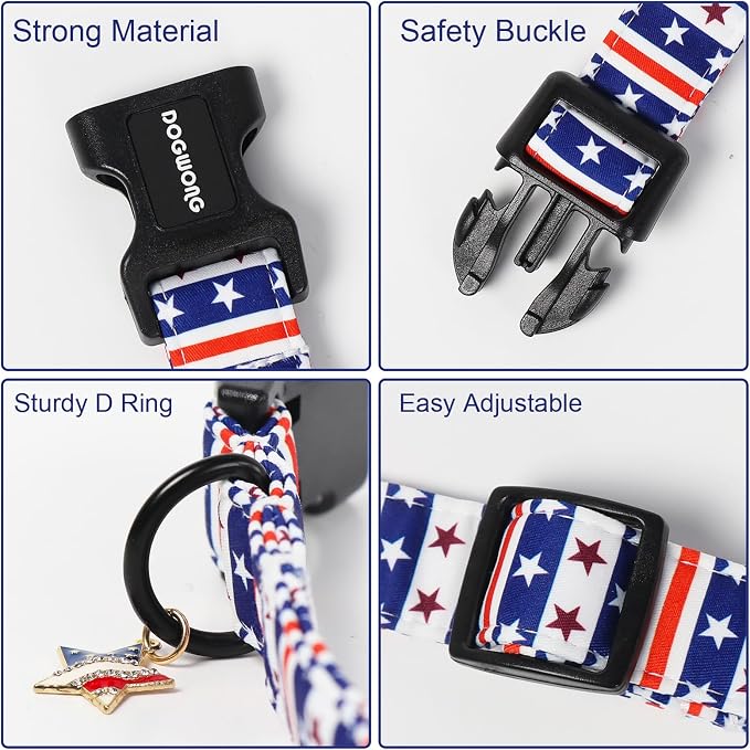 DOGWONG American Flag Dog Collar for Small Dogs, Adjustable Patriotic Independence Dog Collars, Fourth of July Dogs Collars for Small Medium Dogs, Neck 11-16 inches