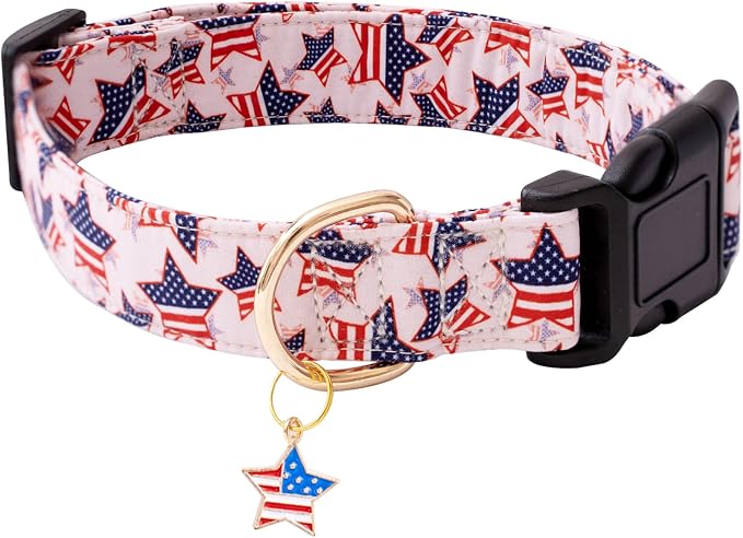 Faygarsle Cotton Dogs Collar Cute 4th of July Independence Day Dog Collars Pink Blue American Flag Star Patterns Dog Collarfor Girl Female Boy Male Small Medium Large Dogs S