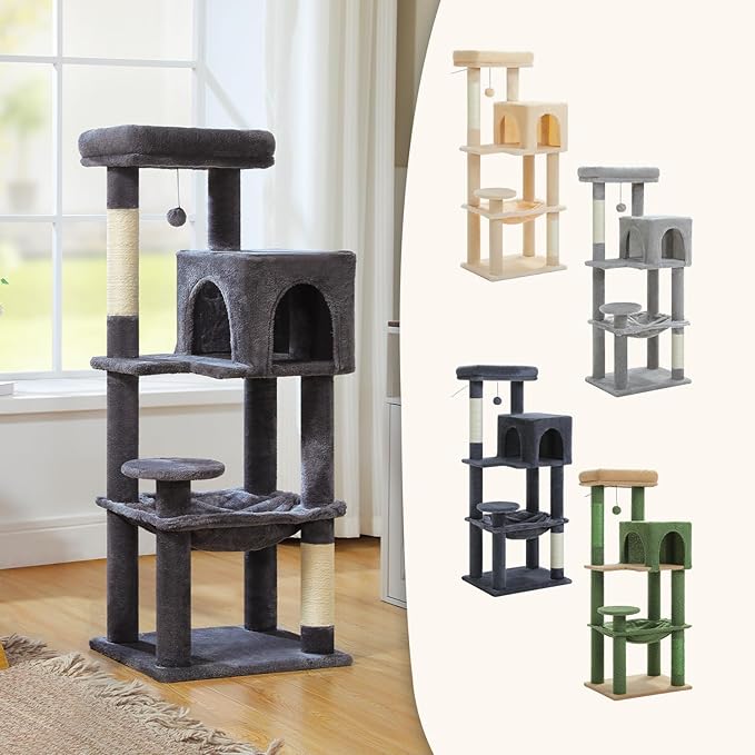 MUTTROS Cat Tree for Indoor Cats, 44.5" Multi-Level Cat Tower with Large Metal Frame Hammock, Cat Condo with 2 Scratching Posts and Top Perch for Small to Medium Cats, Dark Gray