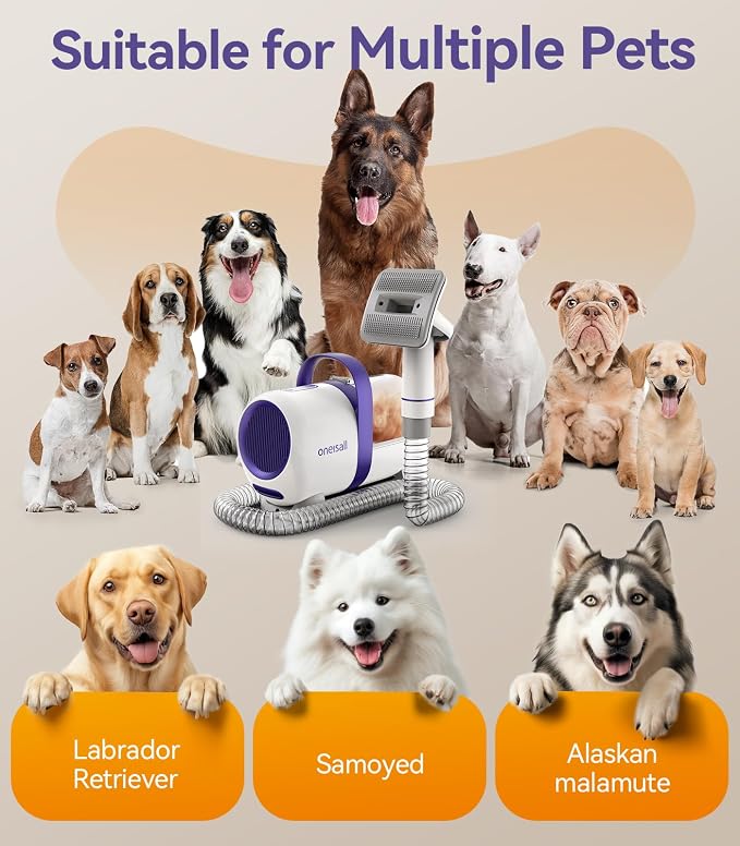 oneisall Dog Grooming Vacuum Kit: 15000Pa Shedding Brush with Grooming Tools, 3 Suction Low Noise, for Pet Thick and Undercoat, 1.5L Dust Cup, Dog Hair Vacuum, Home Cleaning, LM5