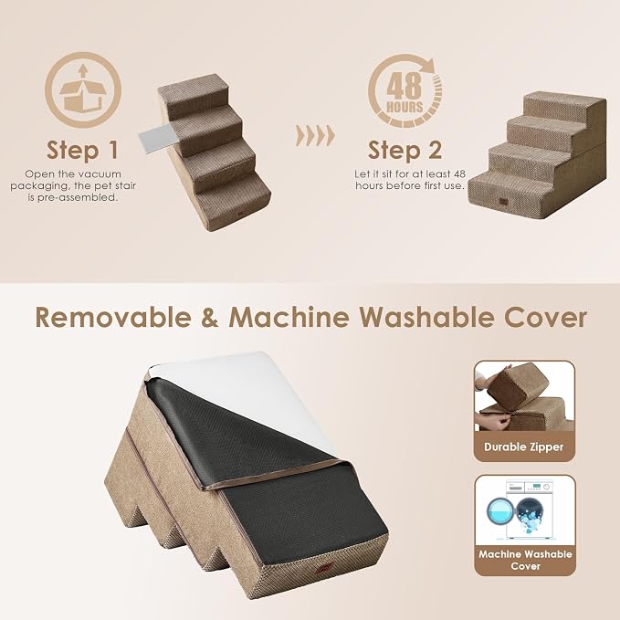 EHEYCIGA Dog Stairs for Bed 20" H, 4-Step Extra Wide Dog Steps for High Bed, Pet Steps for Small Dogs and Cats, Non-Slip Balanced Pet Ramp Indoor, Camel