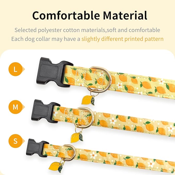 Cotton Dog Collar,Soft and Cute Puppy Collars with Lemon Patterned Design for Girl Female Boy Dogs,Adjustable Buckle Pet Collar for Small Medium Large Dogs (Yellow Lemon, Medium)